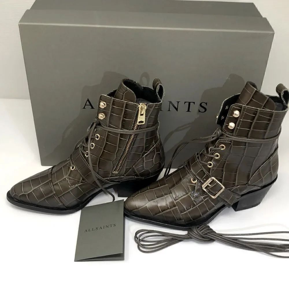 ALLSAINTS Katy Leather Suede Dark Khaki Croc Boot 6M NEW in Box